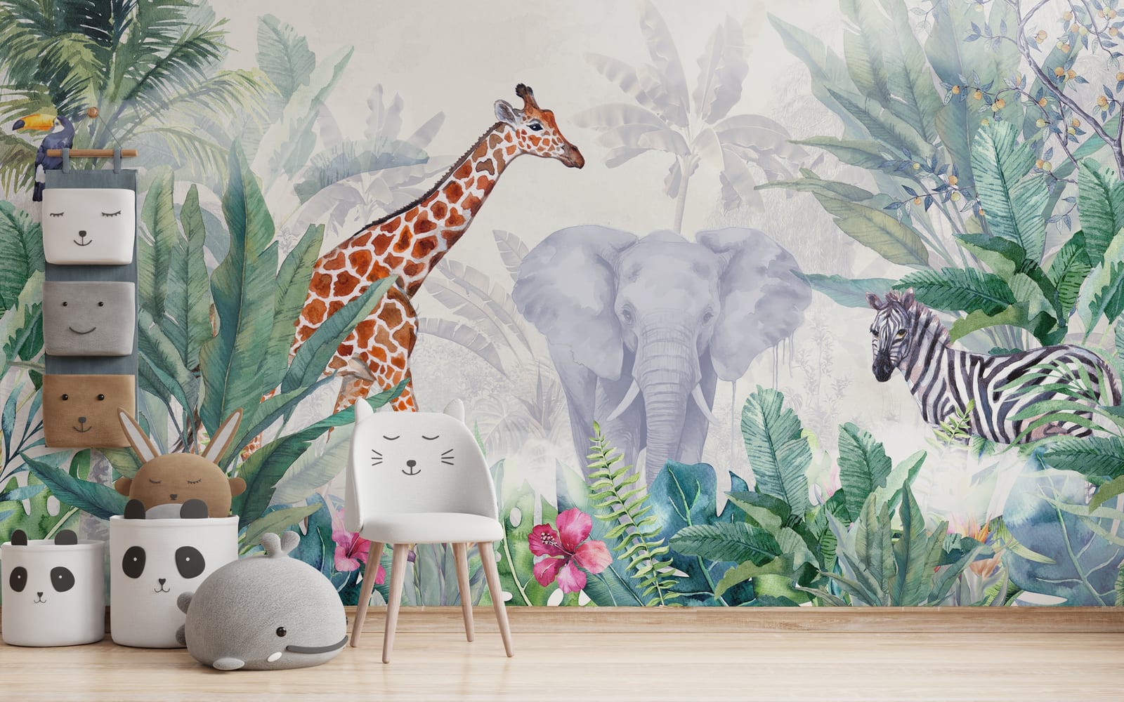 Kids Animal Wallpaper | Watercolor Jungle Peel and Stick Wall Mural
