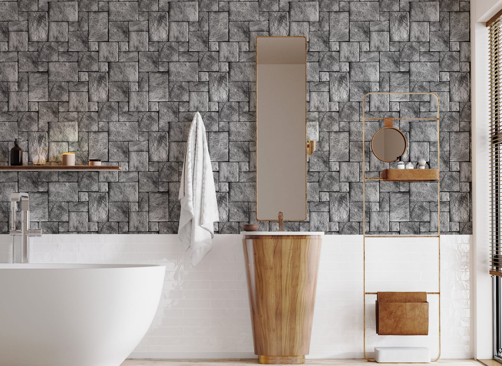 Industrial inspired grey rock wall mural wallpaper with layered stone texture creating stylish interior bathroom wall