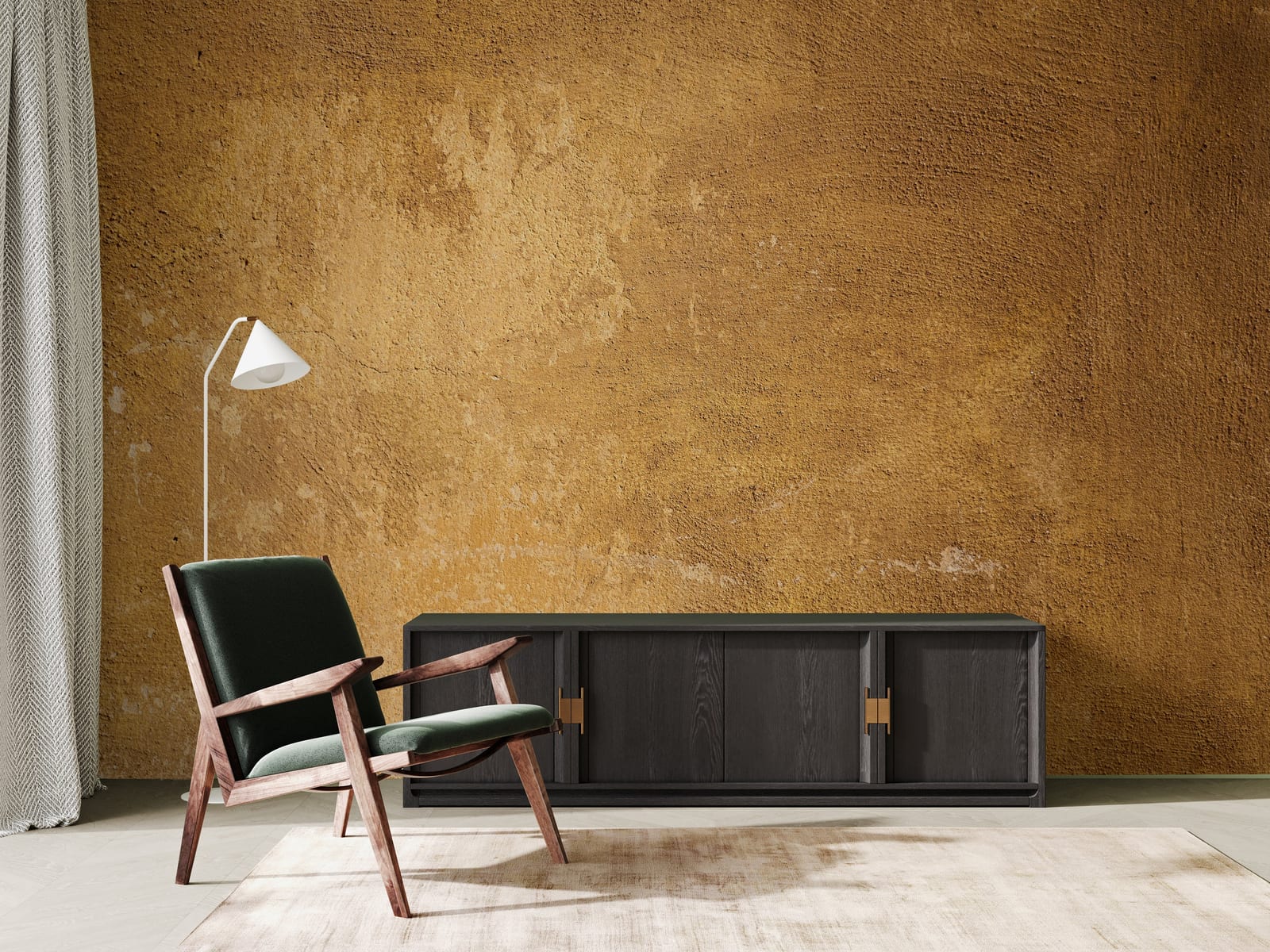 Statement ochre wall texture with raw plaster finish elevating modern lounge interior