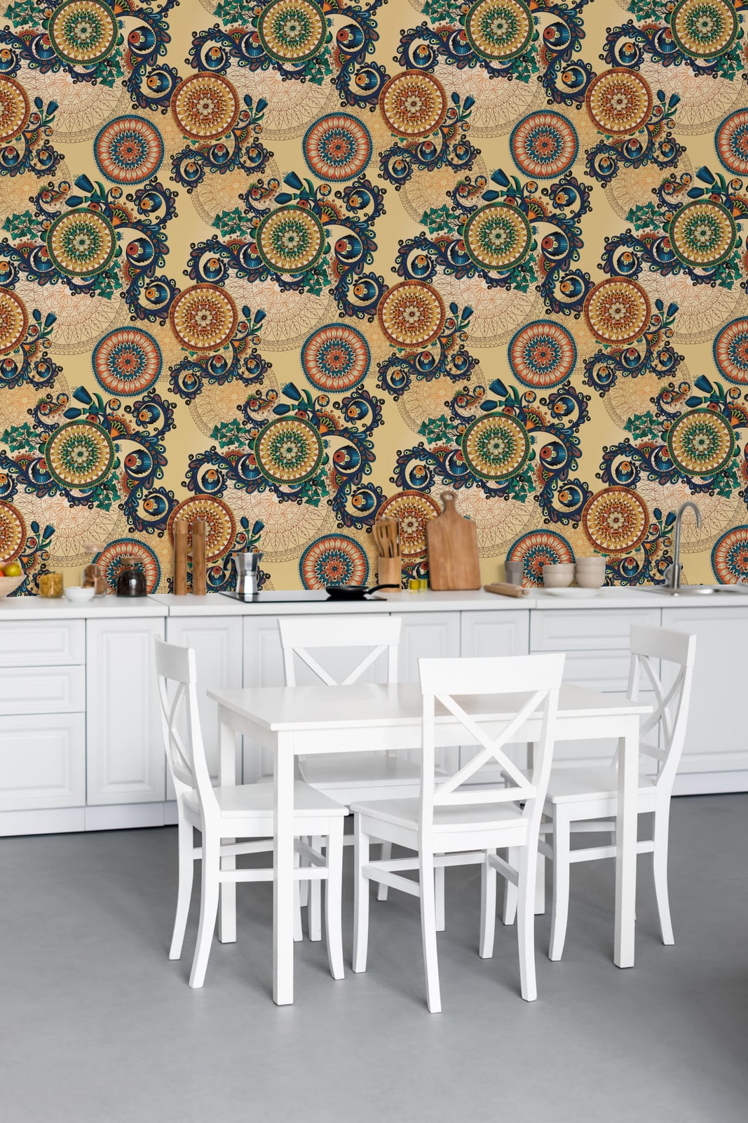 Decorative interior dining wall design showcasing ethnic mandala wallpaper with intricate circular patterns in gold teal