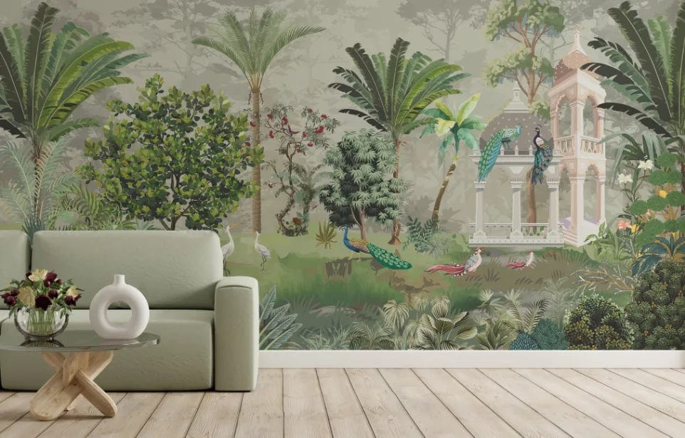 Palm Tree Green Wallpaper | Peacock Garden Indian Wallpaper image 0