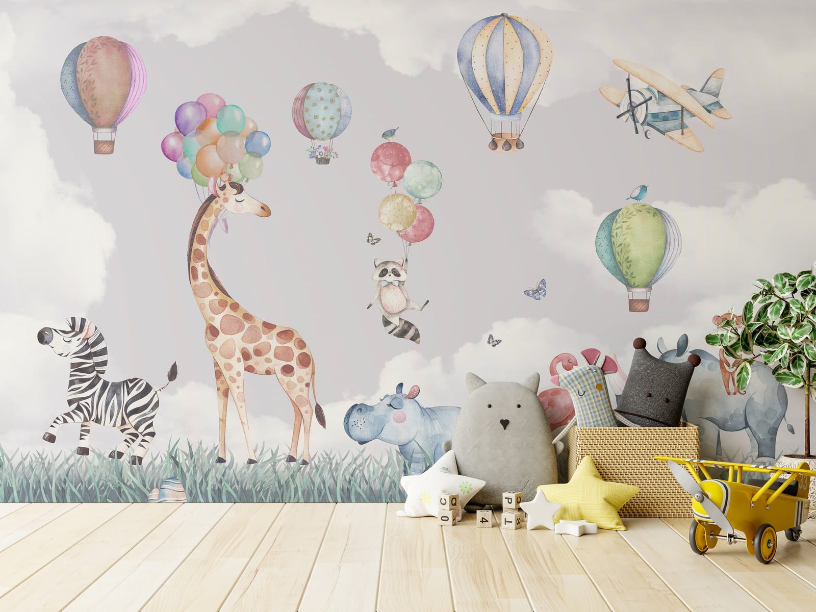 Adorable baby animals mural featuring colorful balloons and playful airplane creating cheerful nursery adventure theme in kids bedroom