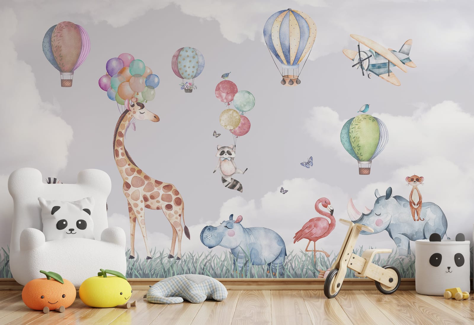 Children's room with a wall mural featuring animals and balloons, surrounded by toys and furniture.