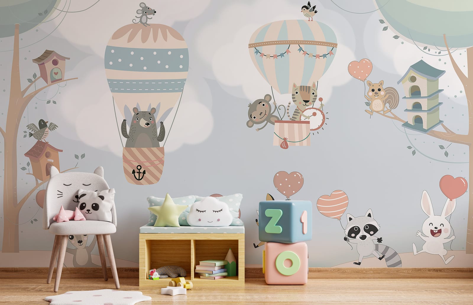 Bright animal and balloon wallpaper adding warmth and joyful character to shared children’s space in toddler room