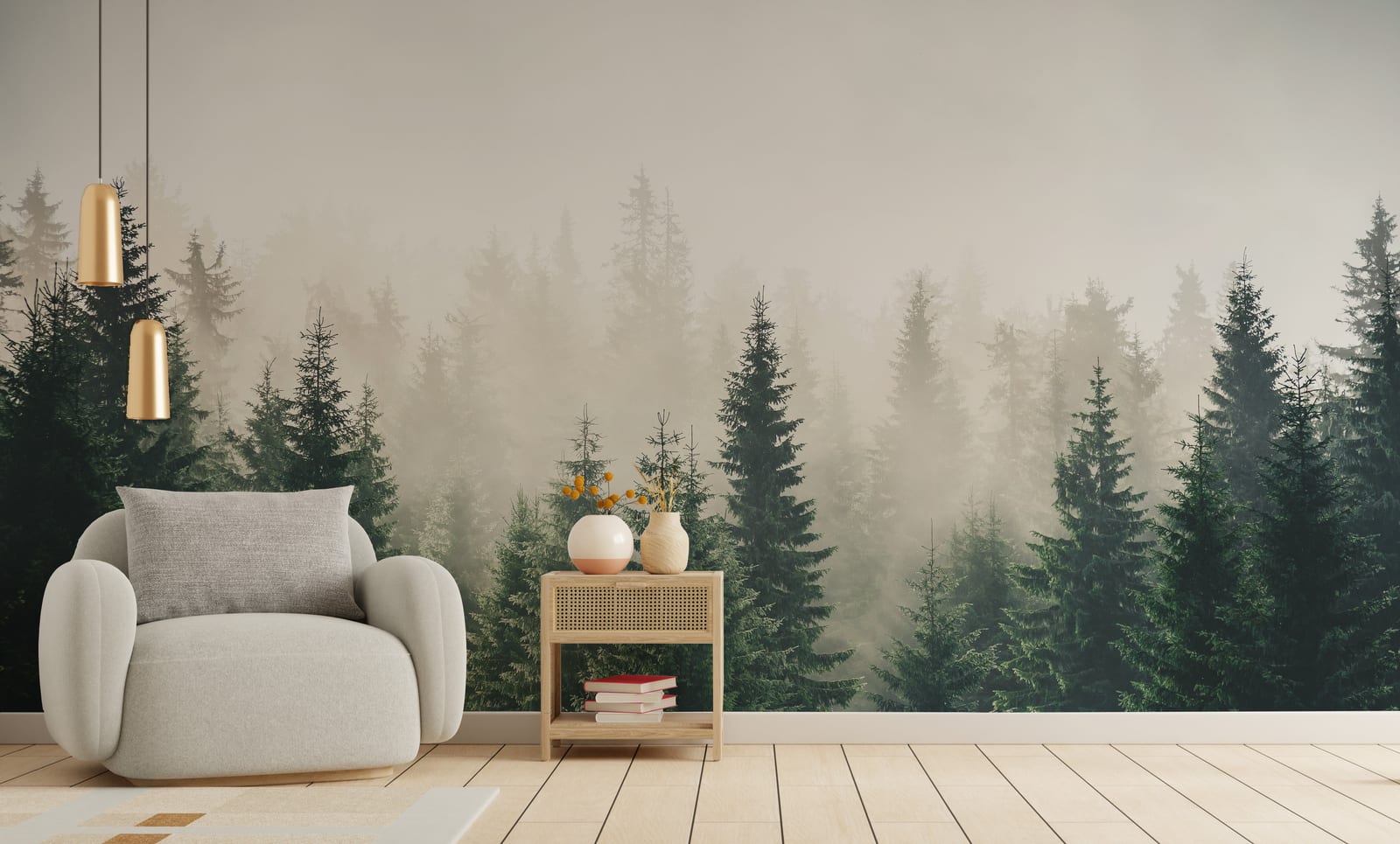 Expansive tropical greenery wall art adding warmth, texture, and relaxing outdoor charm to gathering bedroom.