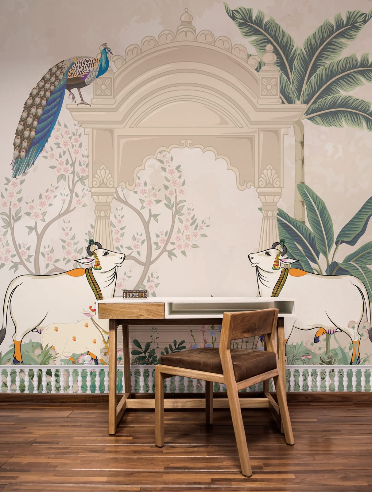 Vintage Indian peacock mural with florals and greenery in muted tones for office decor