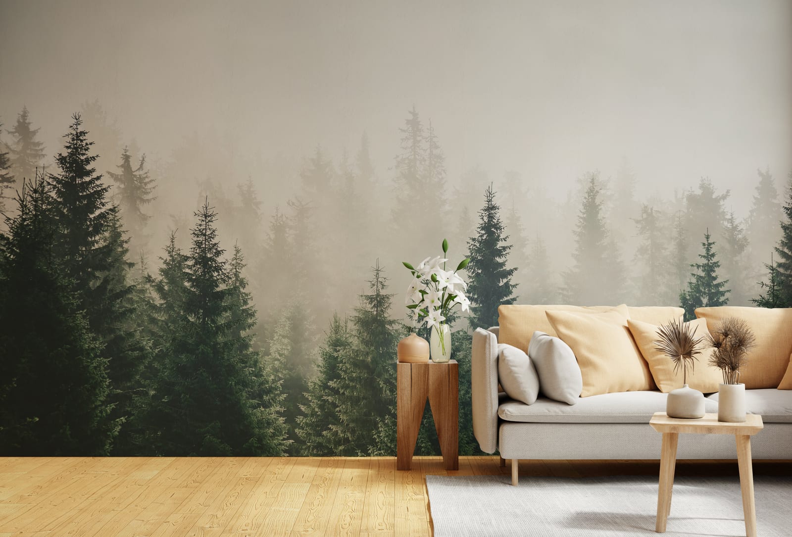 Nature-inspired panoramic tree design enhancing dining space with fresh earthy hues and immersive scenic backdrop.