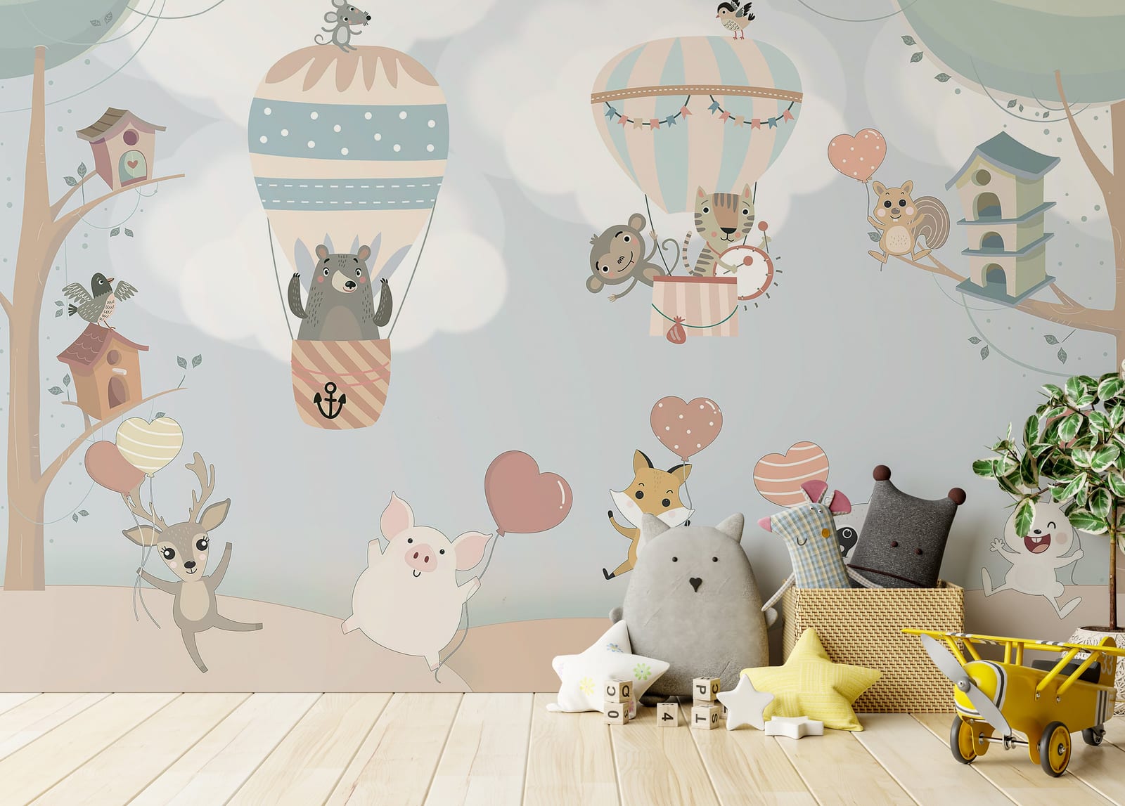 Sweet friendly creatures mural with floating pastel balloons adding warmth to cozy nursery space.