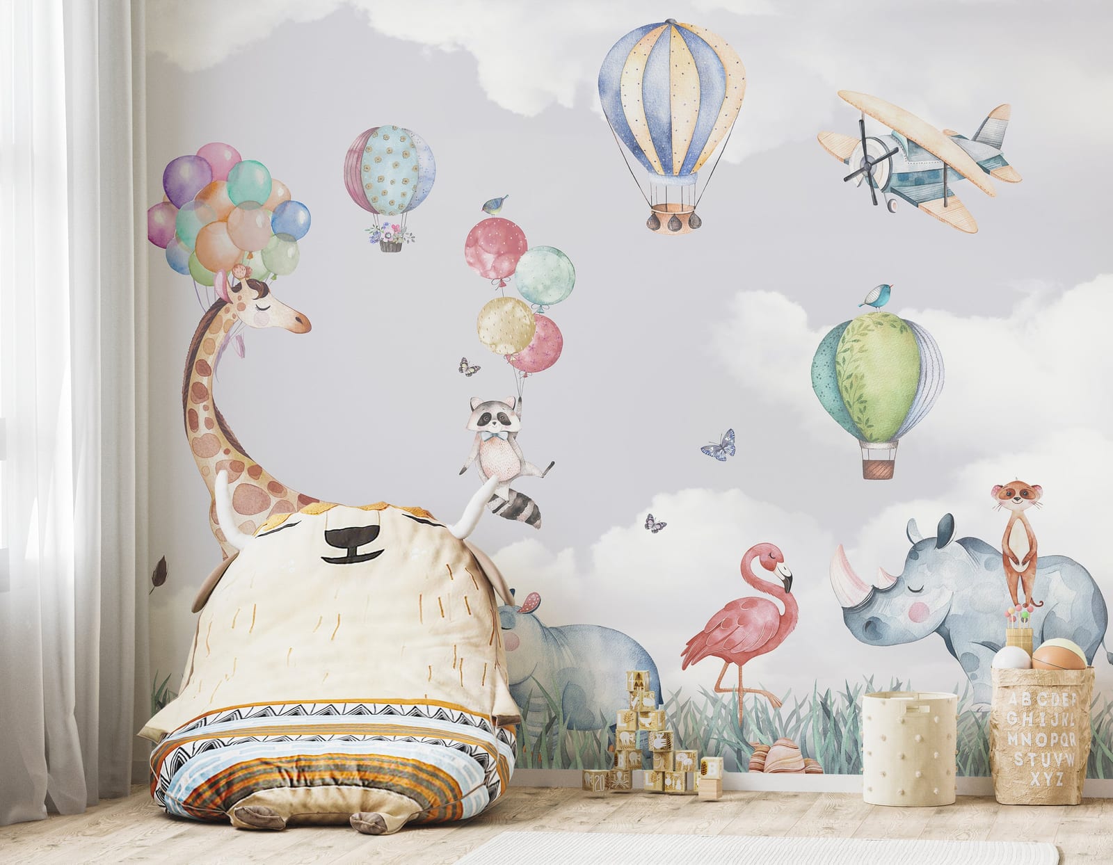 jungle animals mural paired with vibrant balloons and sky plane creating welcoming educational environment in preschool classroom.