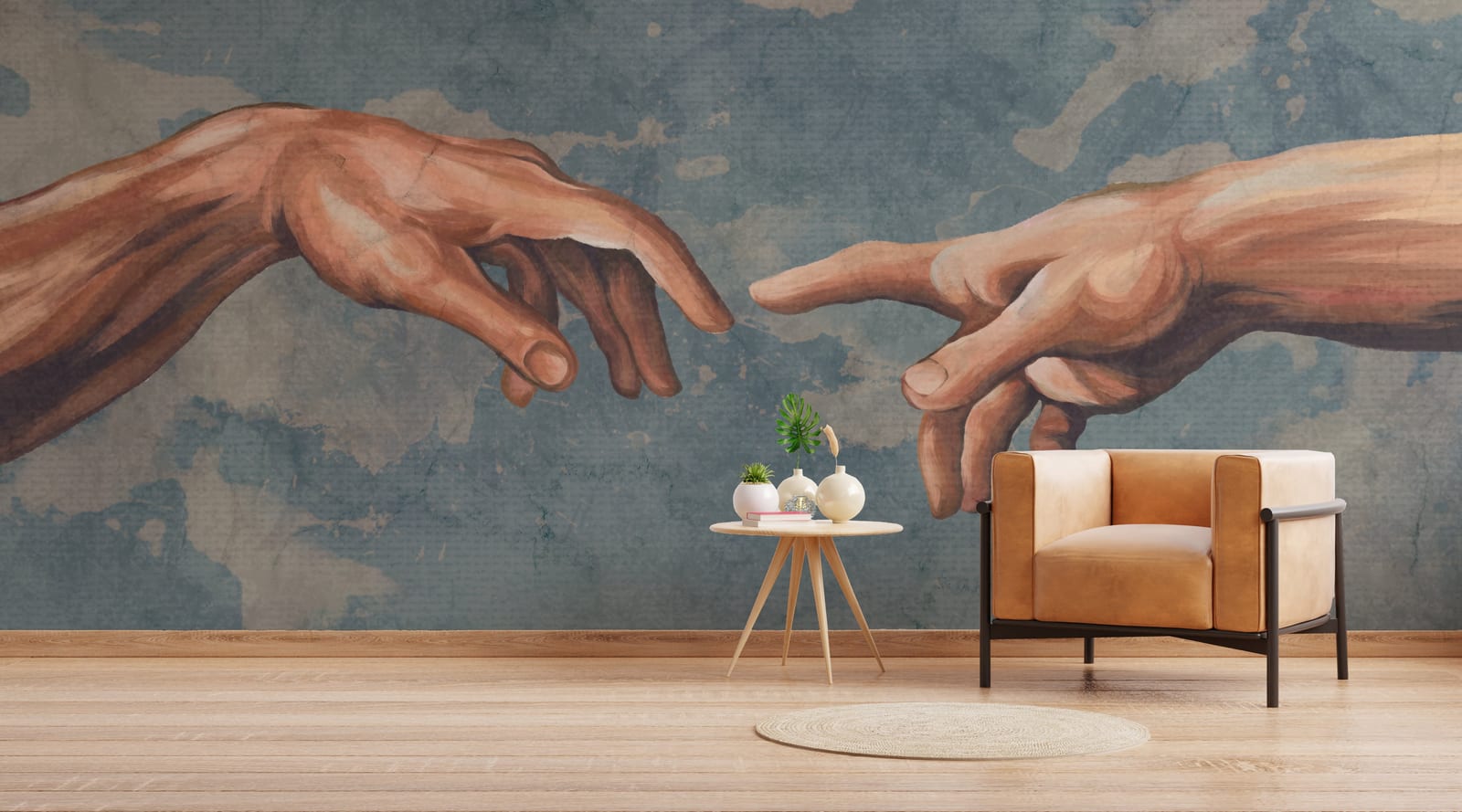 Artistic creation hands wallpaper with soft blue textured design, adding timeless charm to office interiors
