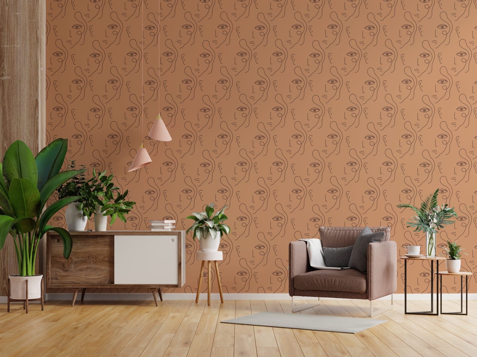 One Line Face Art | Terracotta Color Abstract | Peel and Stick Wallpaper