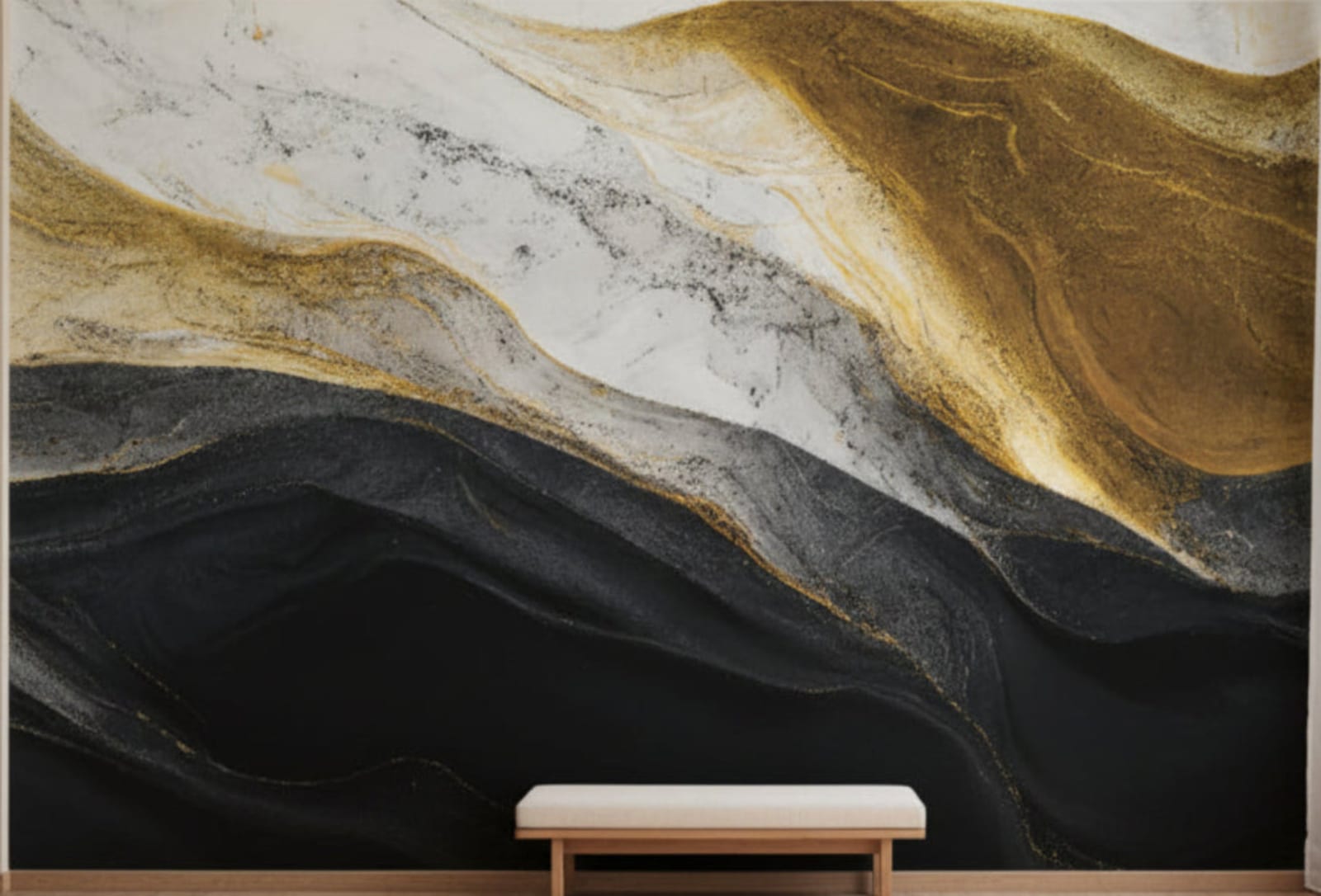 Elegant bedroom accent wall wallpaper with flowing gold white marble texture modern decor