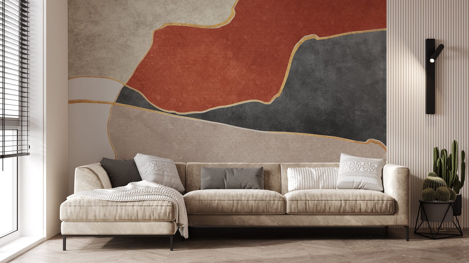 Contemporary geometric wall design blending deep charcoal, metallic accents, and soft grey for a refined living room interior.