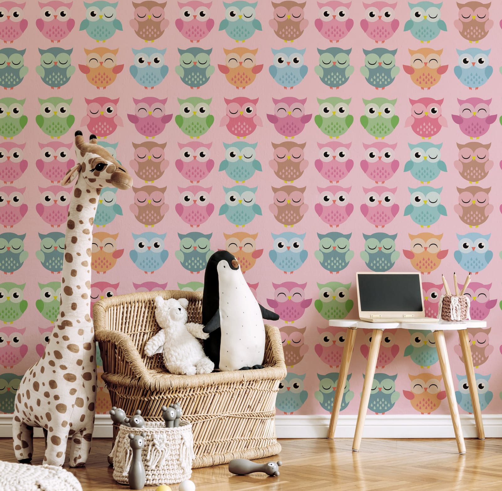 Stylish kids room accent wall wallpaper featuring pink pastel cute owl pattern design, perfect for modern nursery interior decor