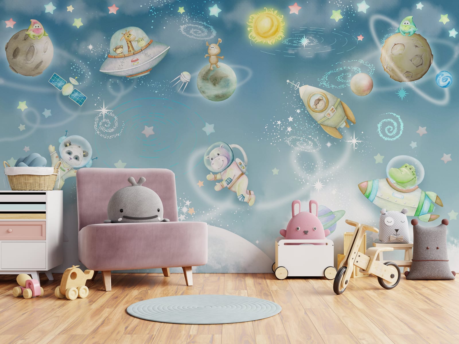 Galaxy Animal Wallpaper | Blue Space Nursery Peel and Stick Wall Mural