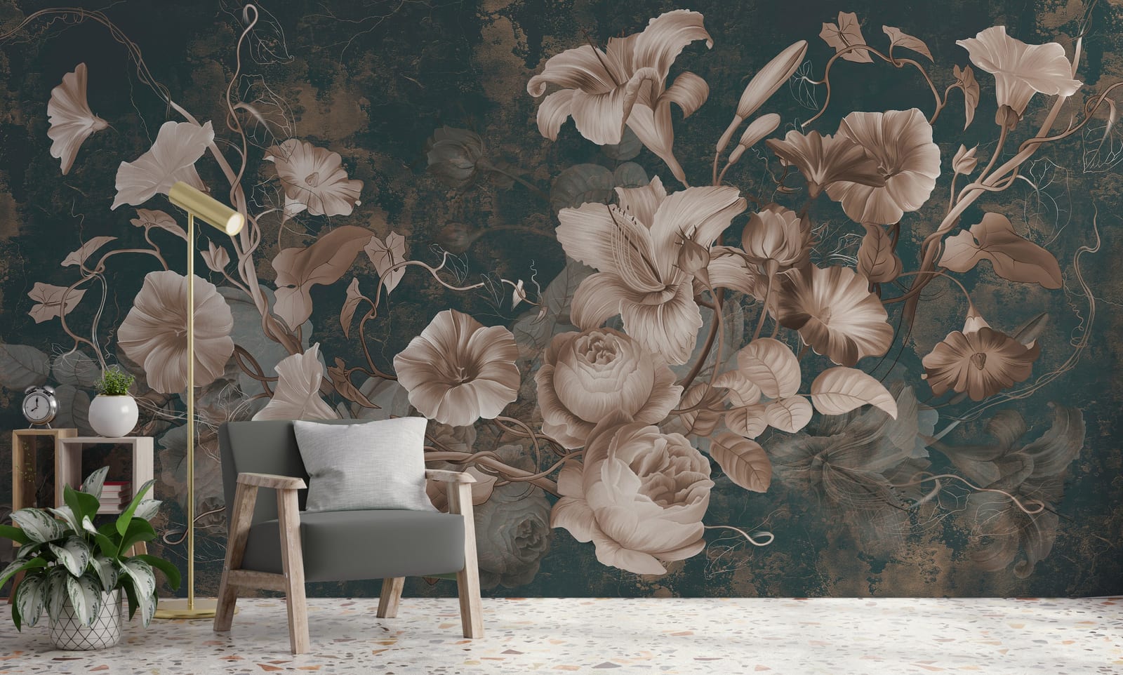 Vintage Floral Wallpaper | Teal Botanical Peel And Stick Wall Mural