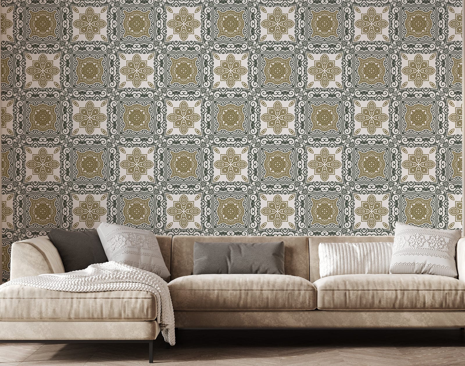 Moroccan tile wallpaper peel and stick olive green geometric pattern for modern living room decor