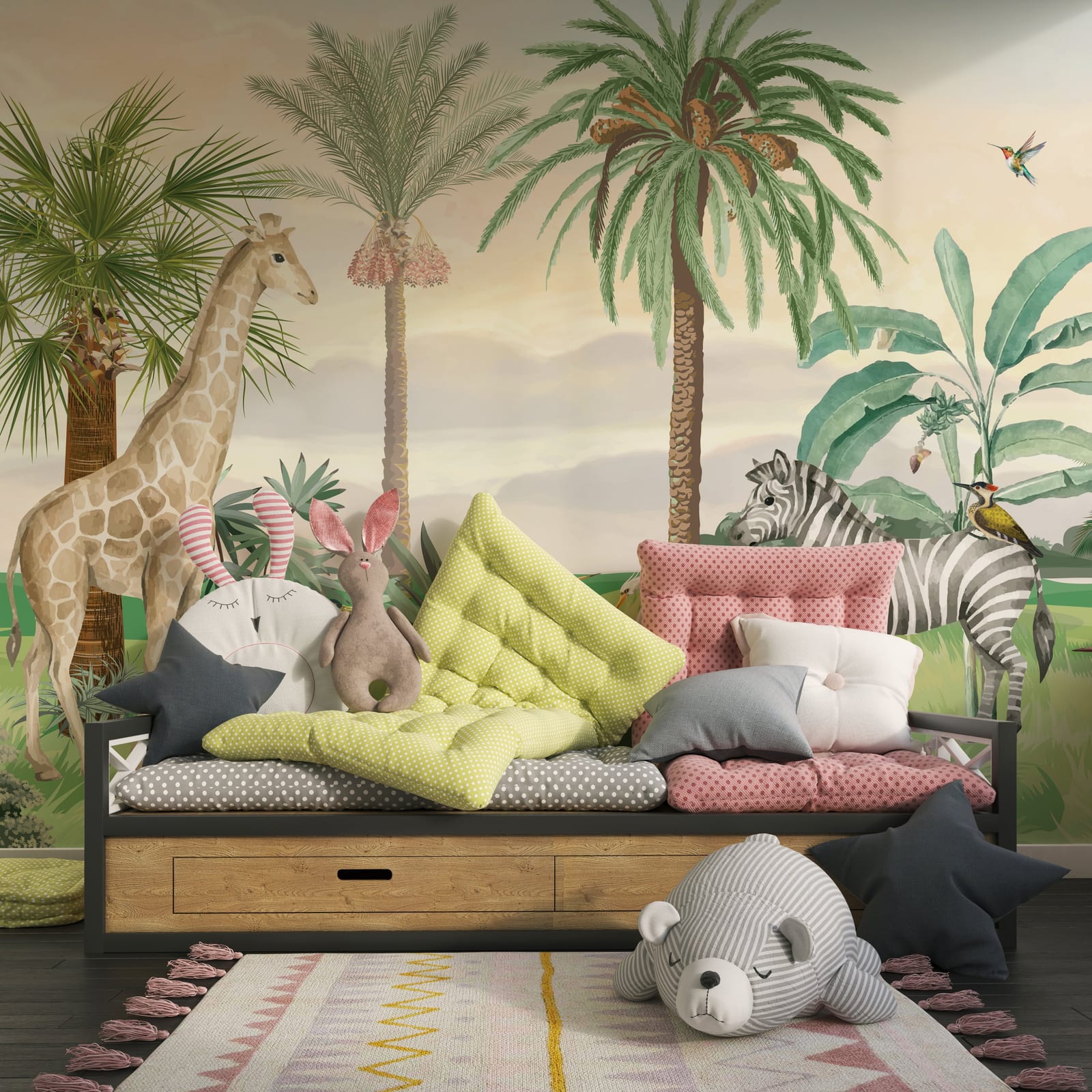 Jungle wall mural featuring elephants, tropical palms, pastel sky for kids bedroom
