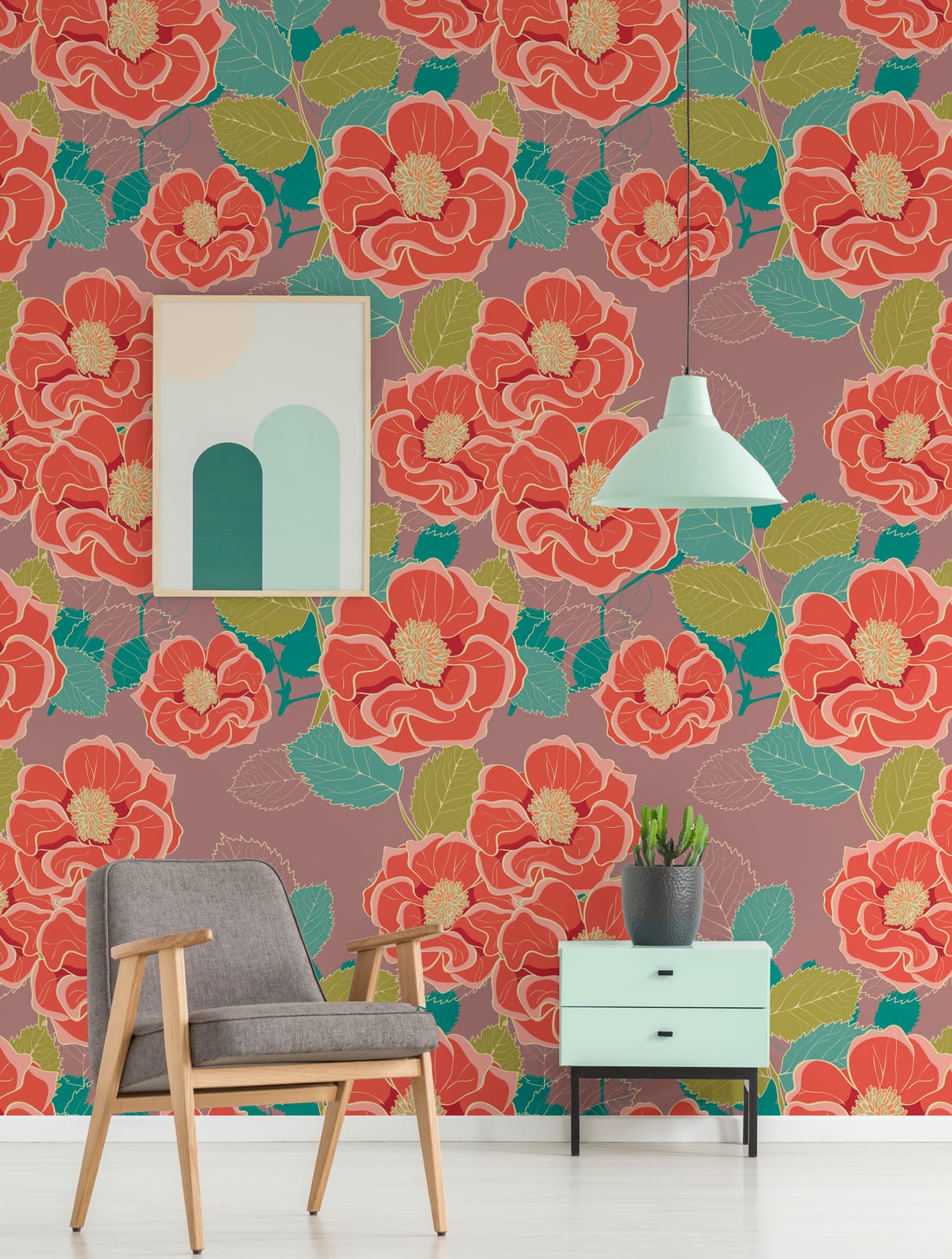 Botanical floral wallpaper mural in coral tones with lush leaves for elegant office decor