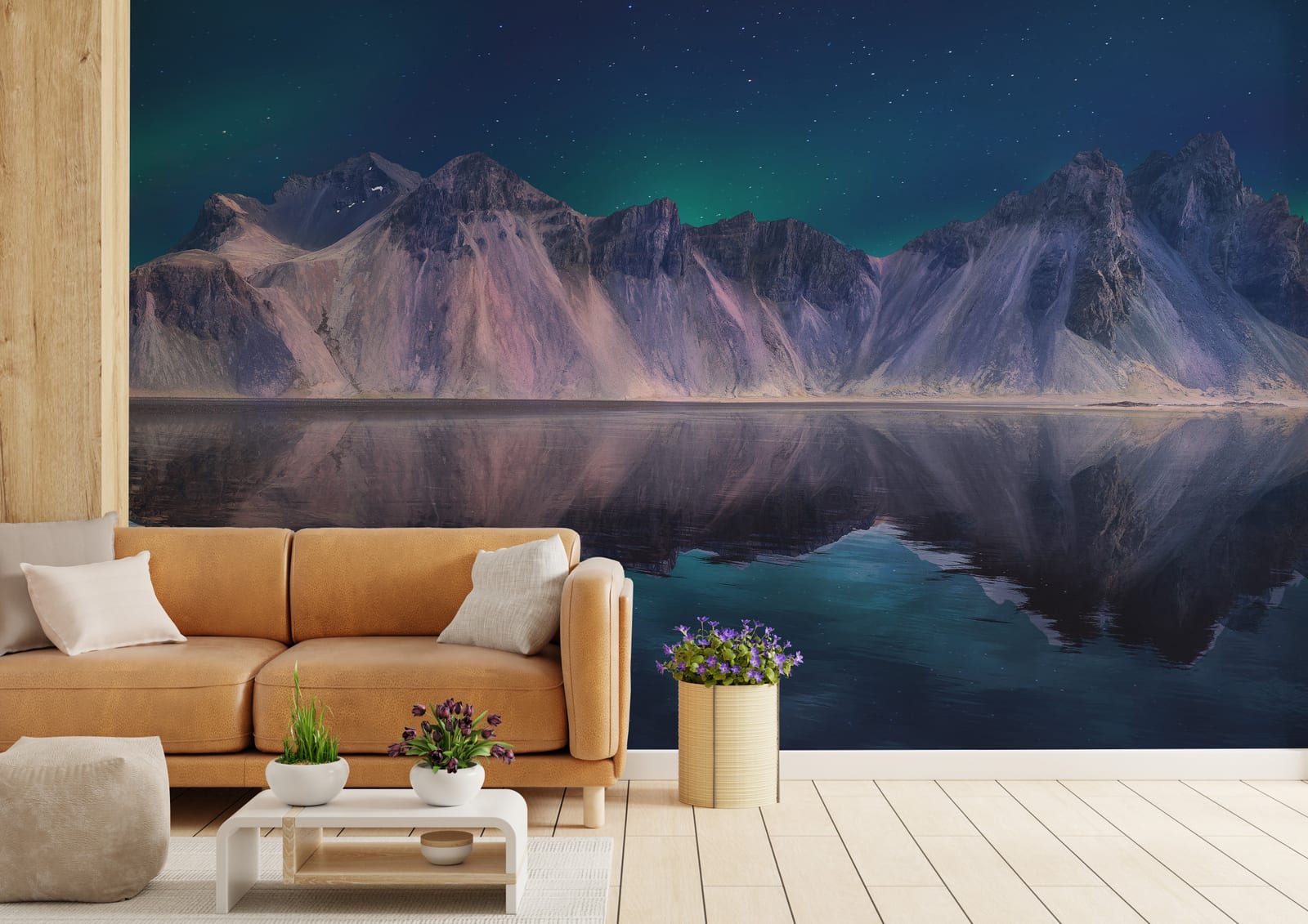 Dark blue mountain lake wallpaper with northern lights for guest room decor