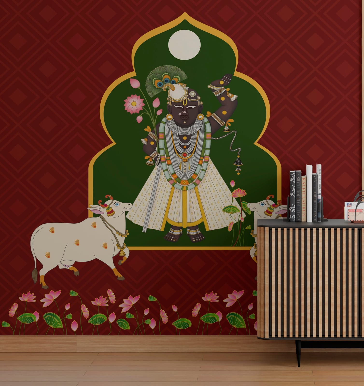 Vibrant Krishna wallpaper featuring sacred cows and arch frame, deep red backdrop, living room decor
