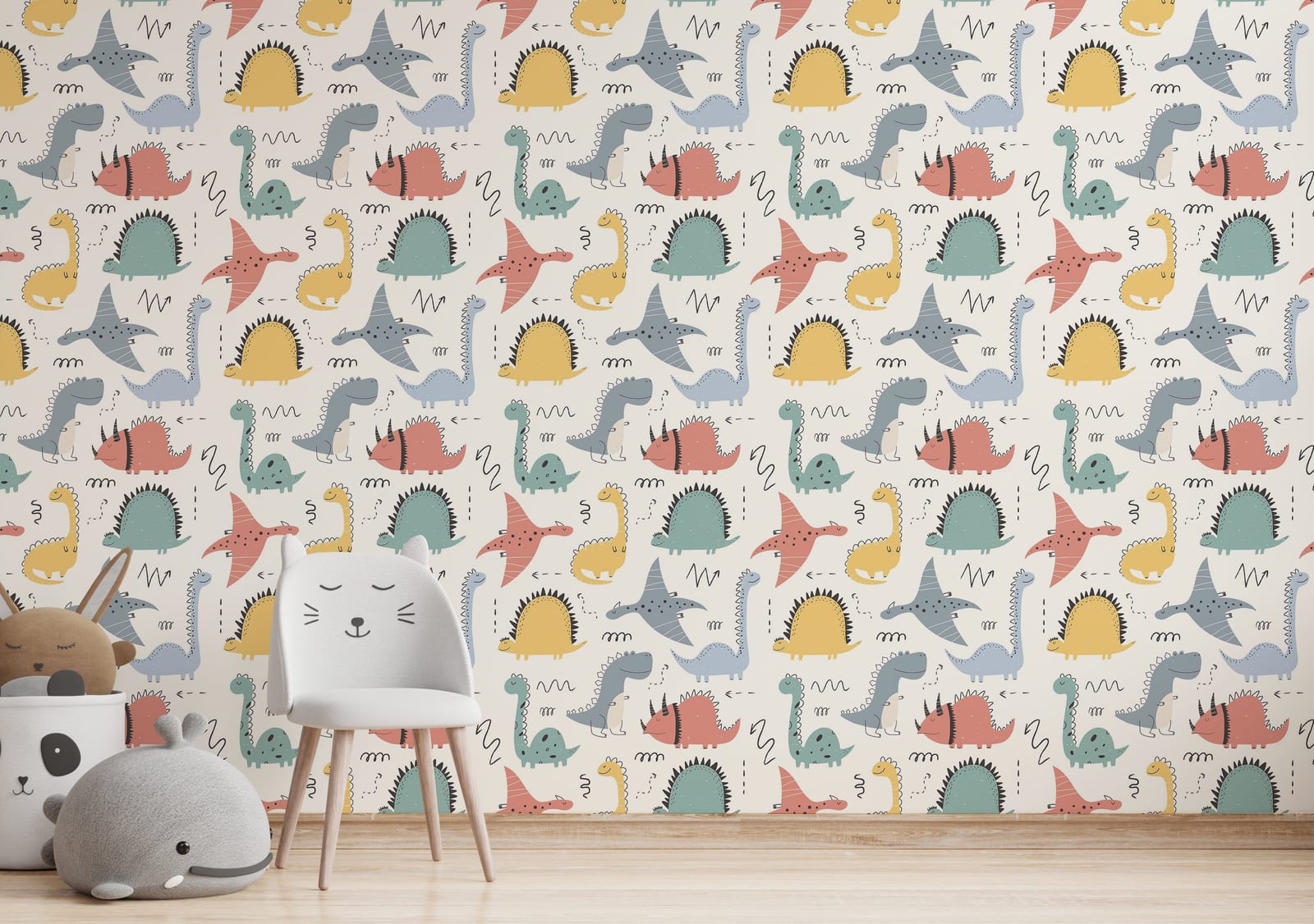Adorable cartoon dinosaurs alongside swimming fishes bringing fun educational adventure vibe in kids room