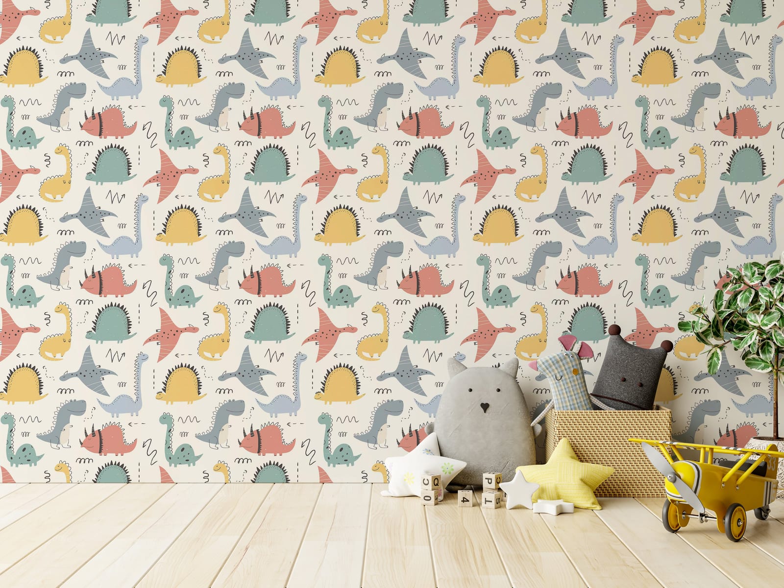 Soft pastel baby dino wall design with friendly fishes adding gentle prehistoric charm desing for the kids playroom