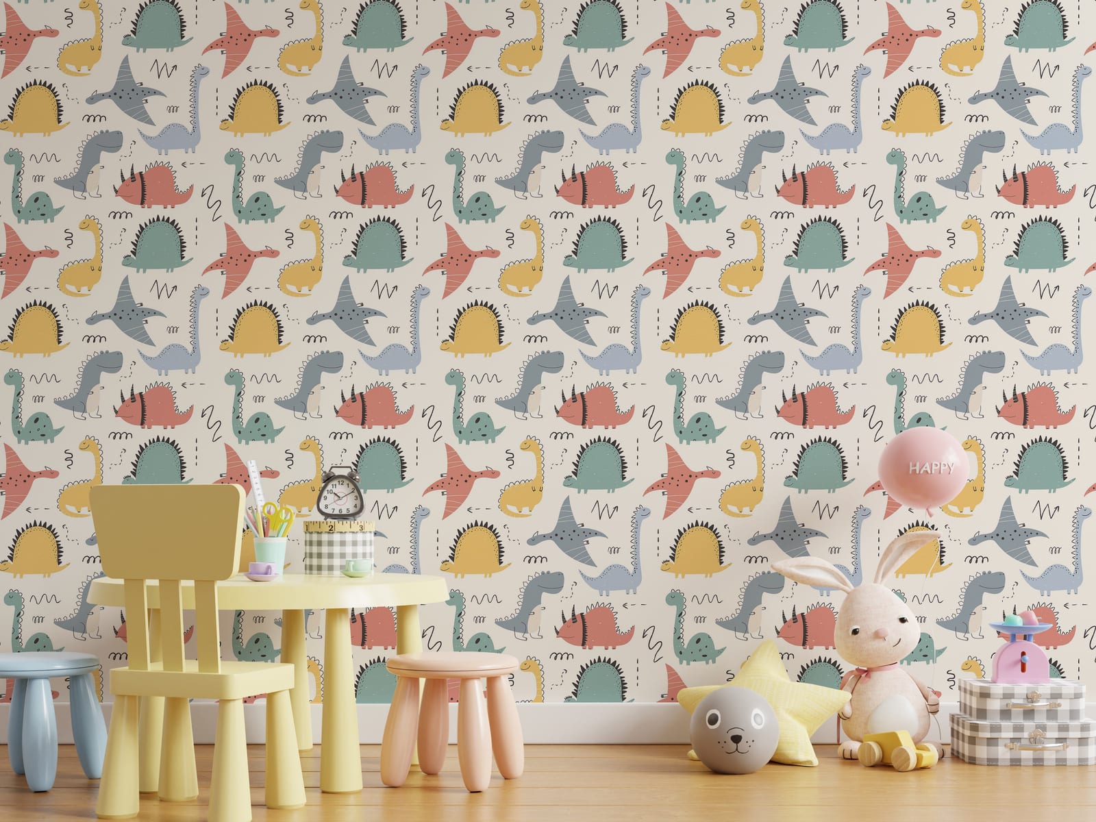 Bright Jurassic-themed wallpaper showcasing cute dinos and ocean fishes for engaging environment in daycare room