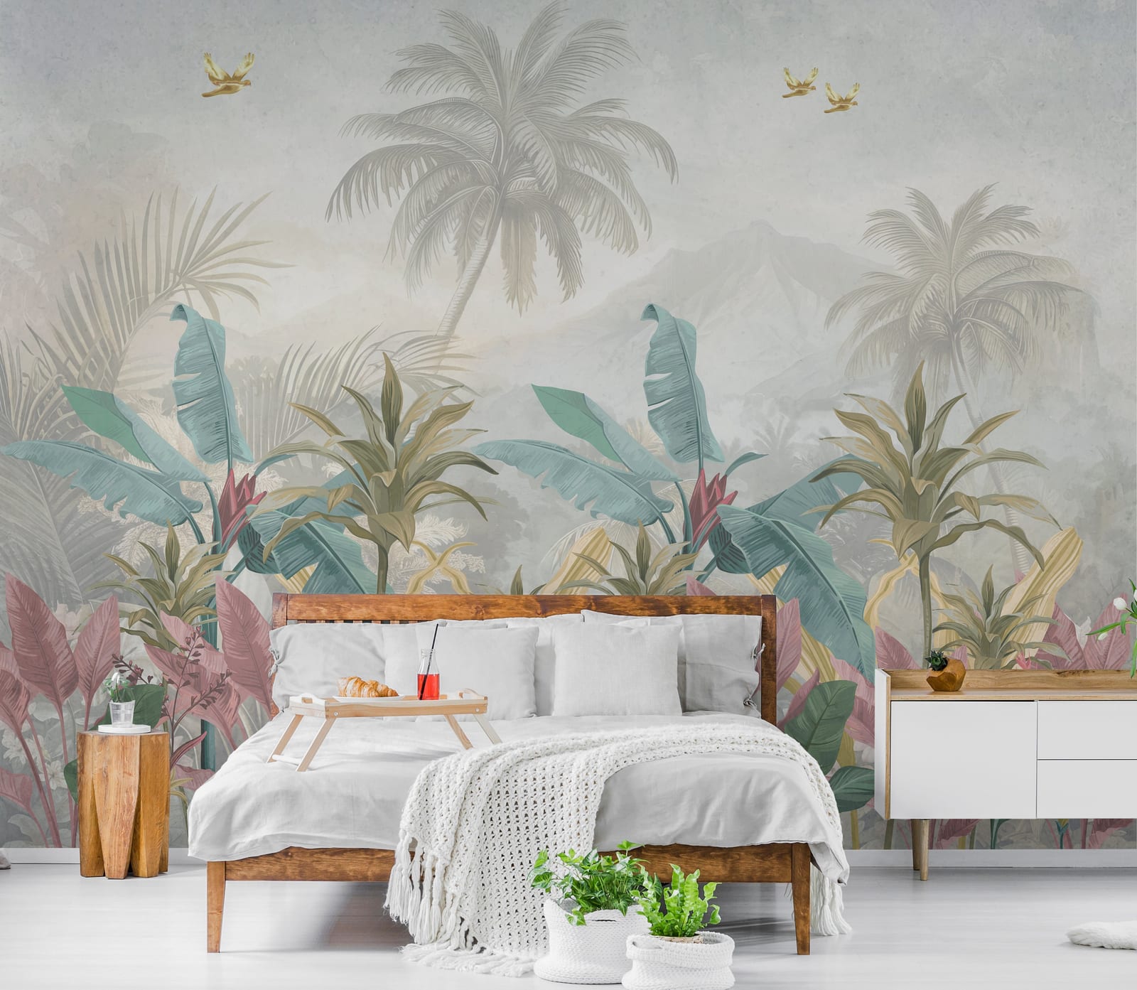 Tropical Rainforest | Pink Green Leaf Removable Wall Covering