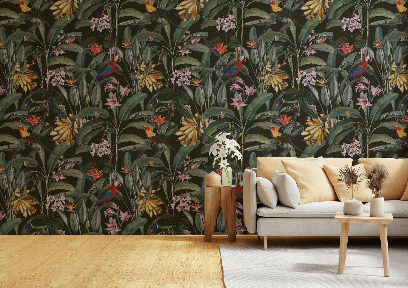 Tropical Parrot Design | Colorful Green Floral Peel and Stick Wallpaper