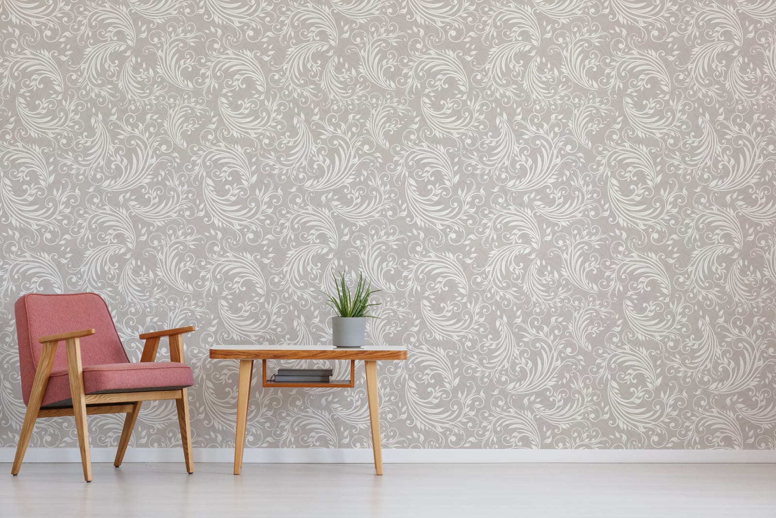 Damask Inspired Scroll Wallpaper | Gray Vintage Baroque Peel and Stick Wallpaper