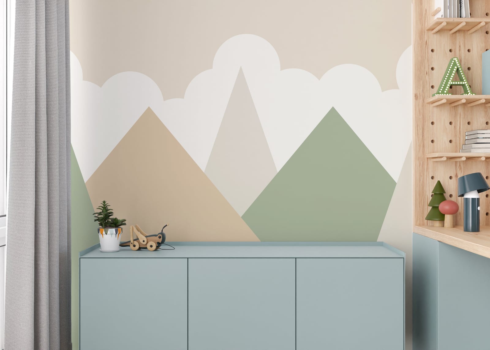 Soft toddler nursery interior featuring minimalist mountain landscape mural creating peaceful bedtime ambiance.