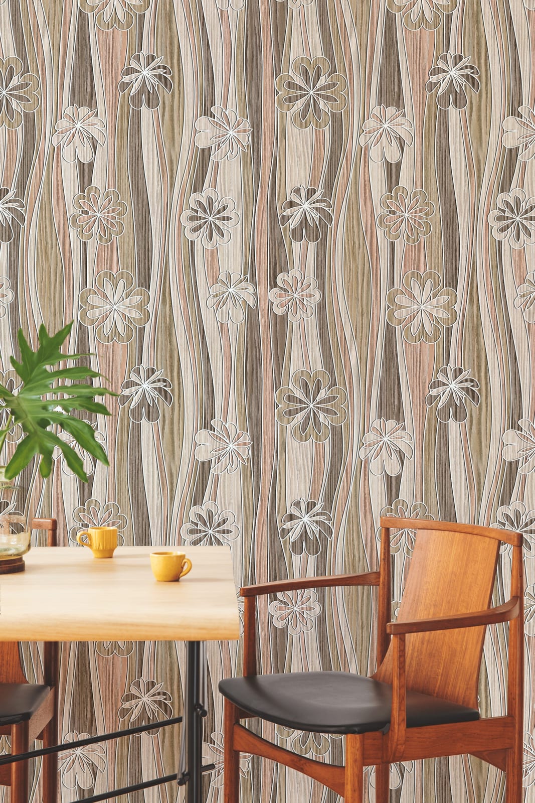 Beige wood floral wallpaper adds warm decorative touch to modern kitchen wall space