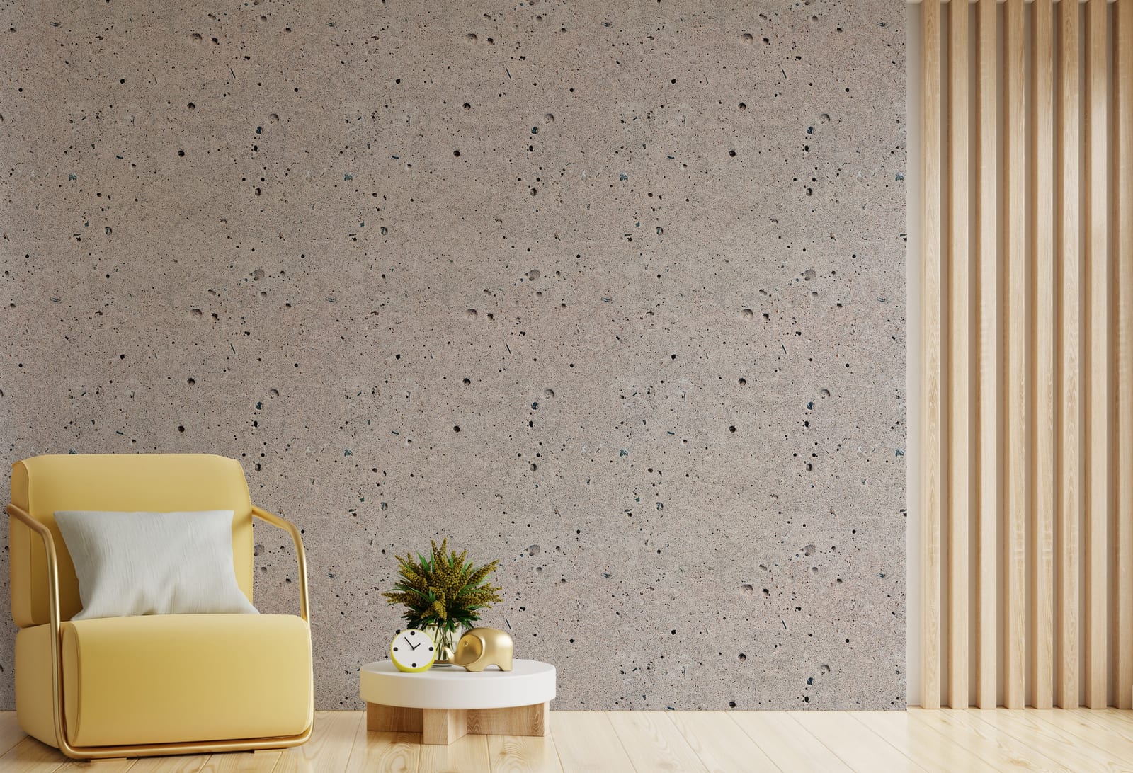 Modern concrete wall design with speckled gray texture in minimalist living room