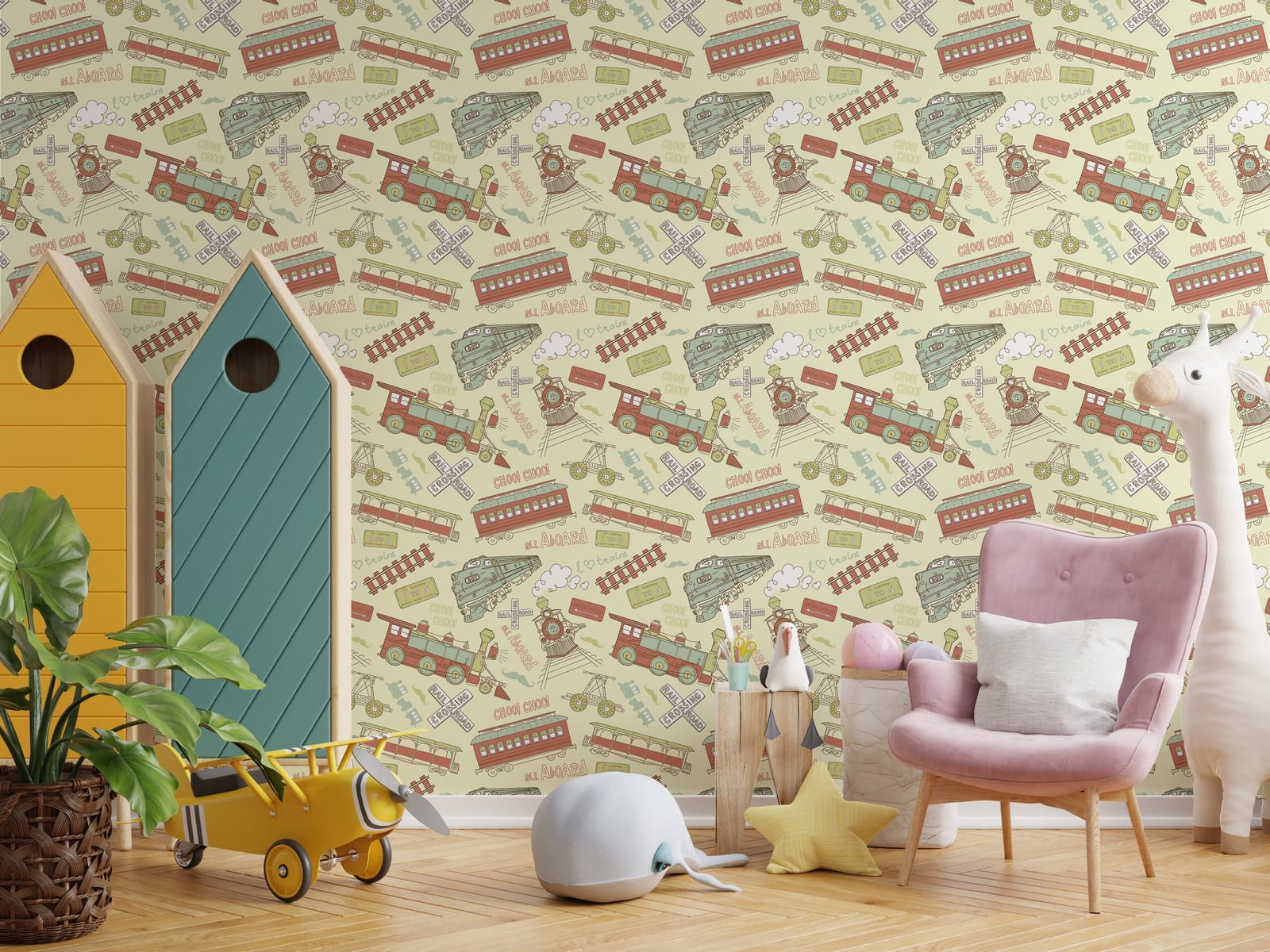 Modern kids room accent wall wallpaper featuring pastel vintage train pattern design, perfect for contemporary nursery interior decor