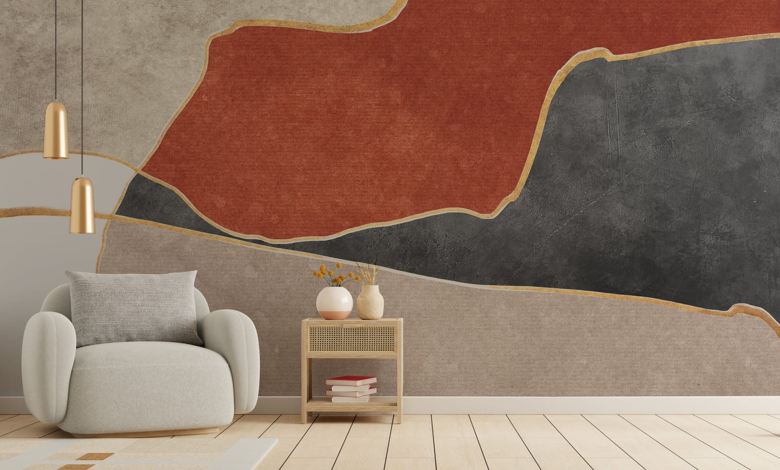Abstract rust, black, and gold line mural in warm earthy tones creating a bold yet sophisticated bedroom statement.