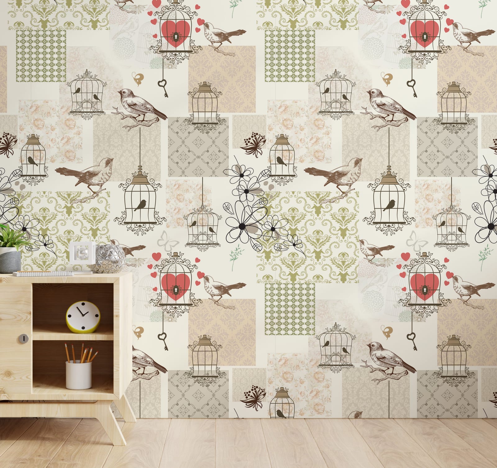 Cream olive botanical bird pattern wall mural creating elegant cottage style bedroom accent wall decoration