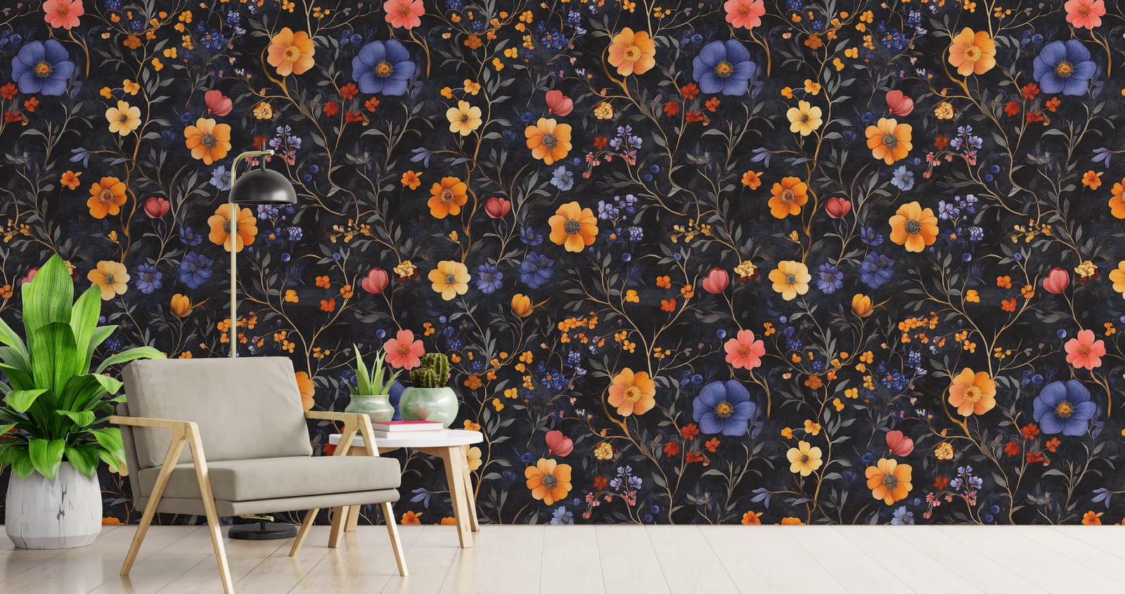 Colorful botanical motif with bold blooms, great for modern lounge or sitting area styling