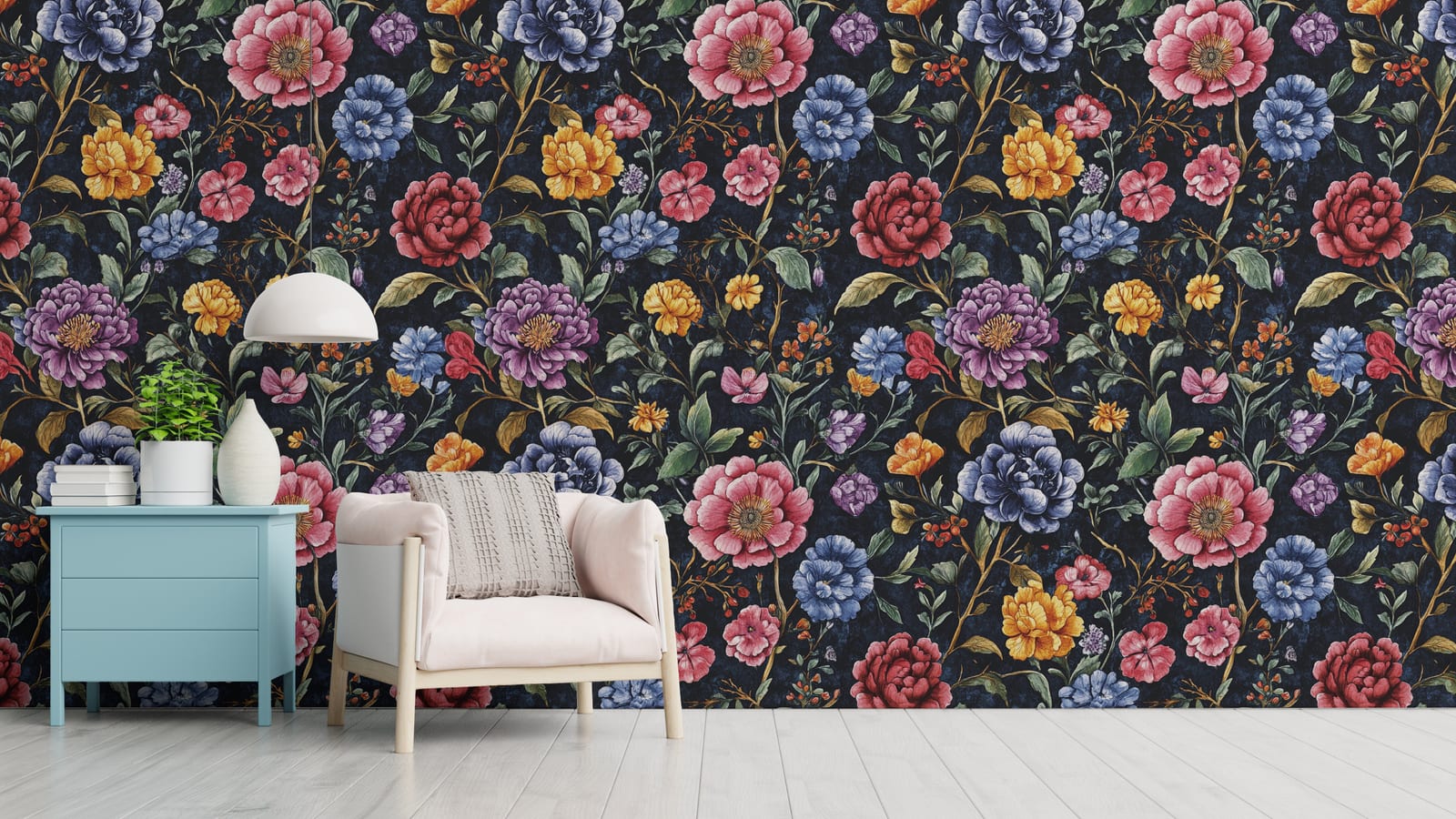 Beautiful nursery decor with soft floral pattern on deep background, perfect for warm interiors