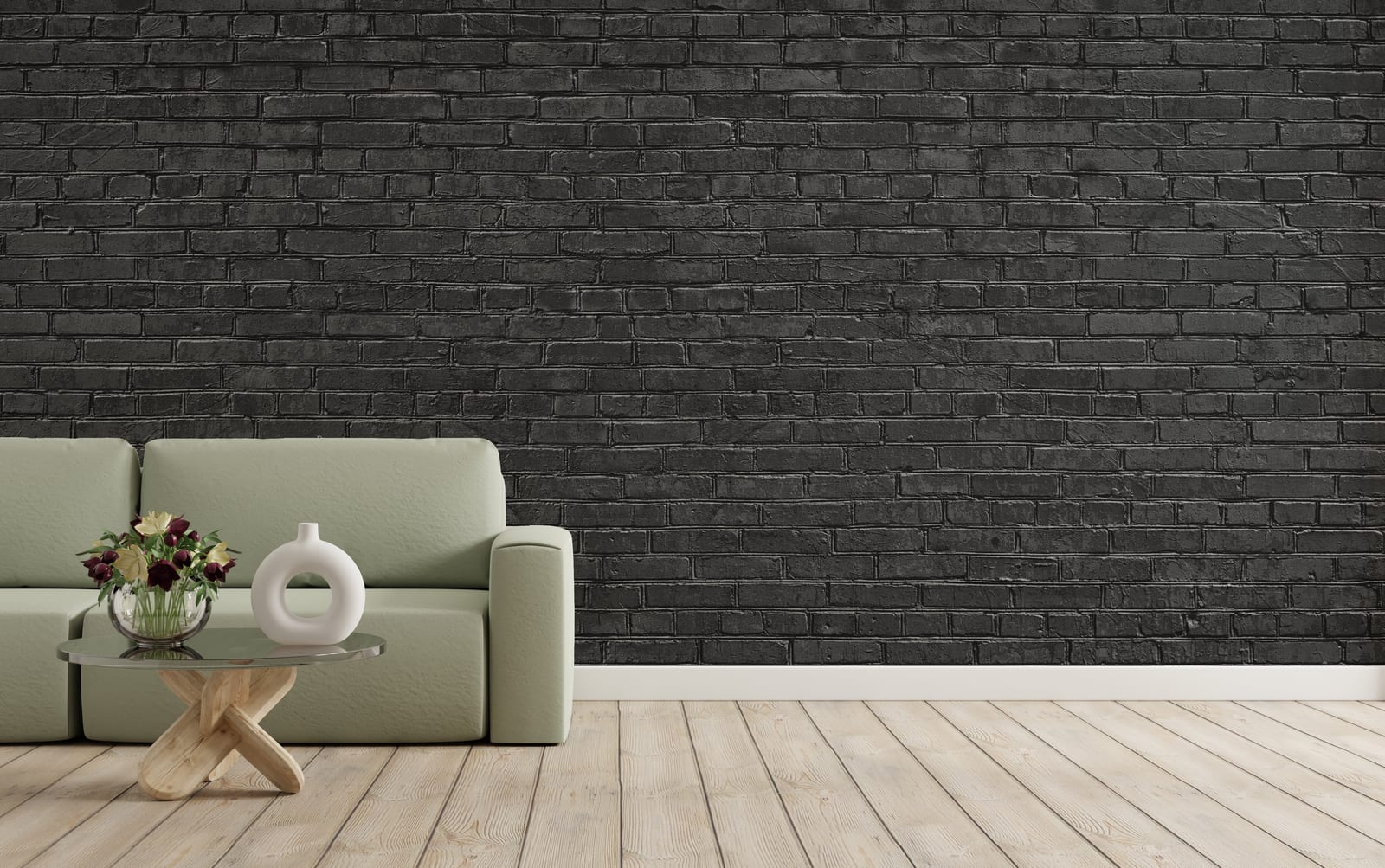Modern entryway featuring bold black brick wallpaper design with evenly spaced brick pattern and dramatic charcoal finish.