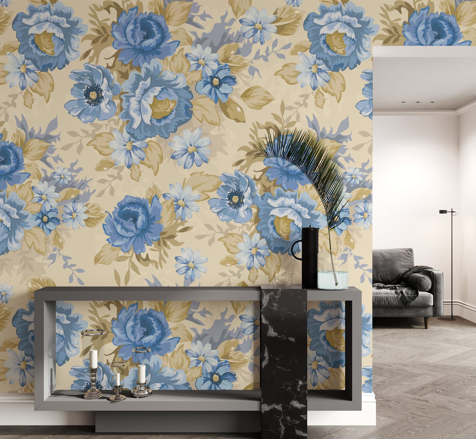Luxury blue floral wallpaper with vintage botanical pattern for elegant living room decor
