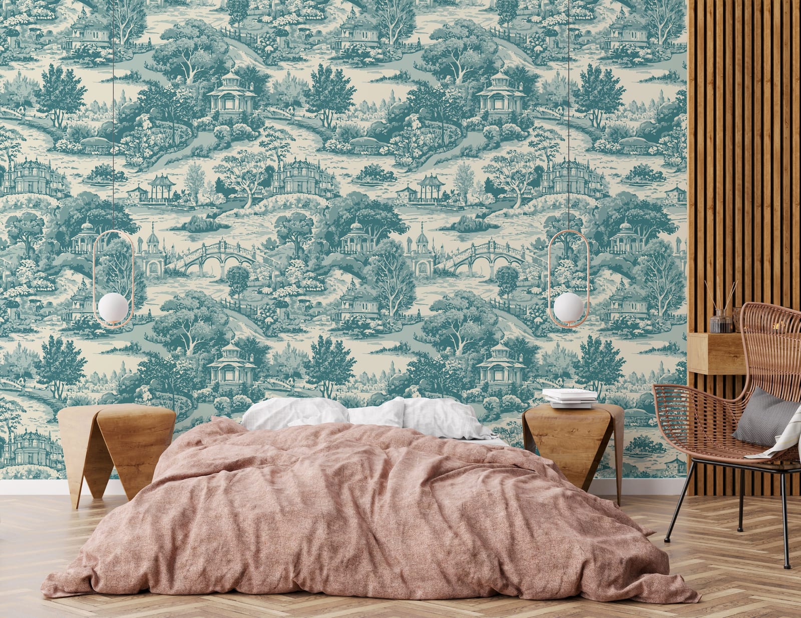 Luxury toile landscape wallpaper with scenic villages, teal cream tones, bedroom decor