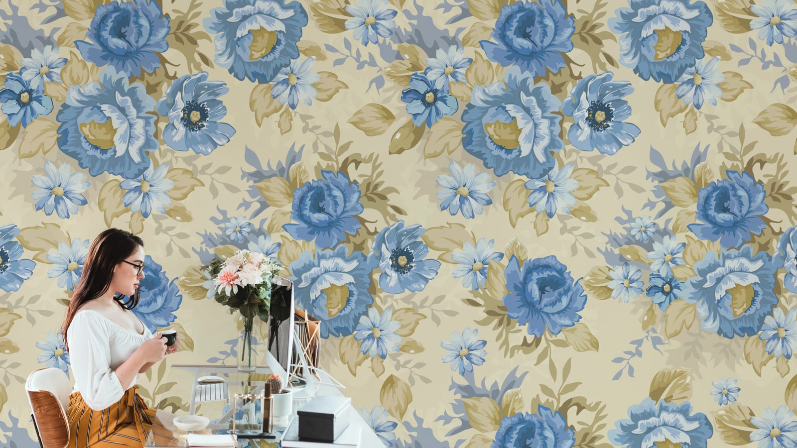 Timeless blue botanical wallpaper with soft tones for relaxing reading nook wall