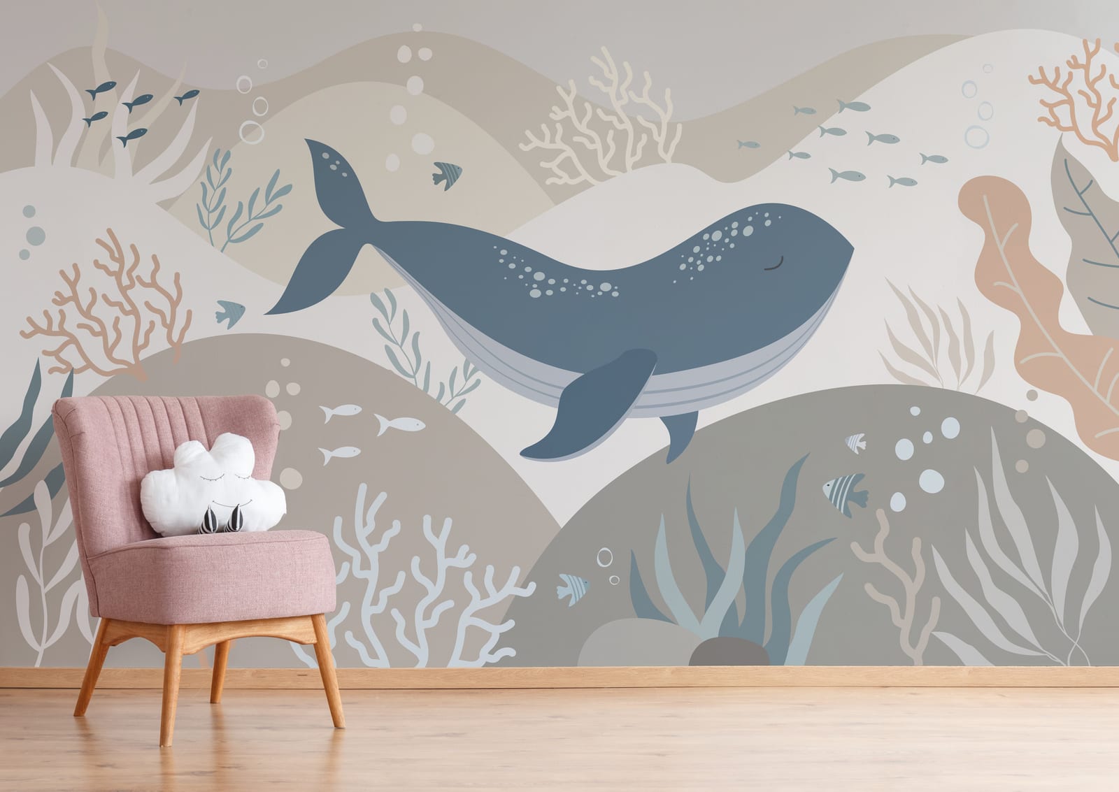 Baby nursery ocean theme wall decor with whale sea plants marine life