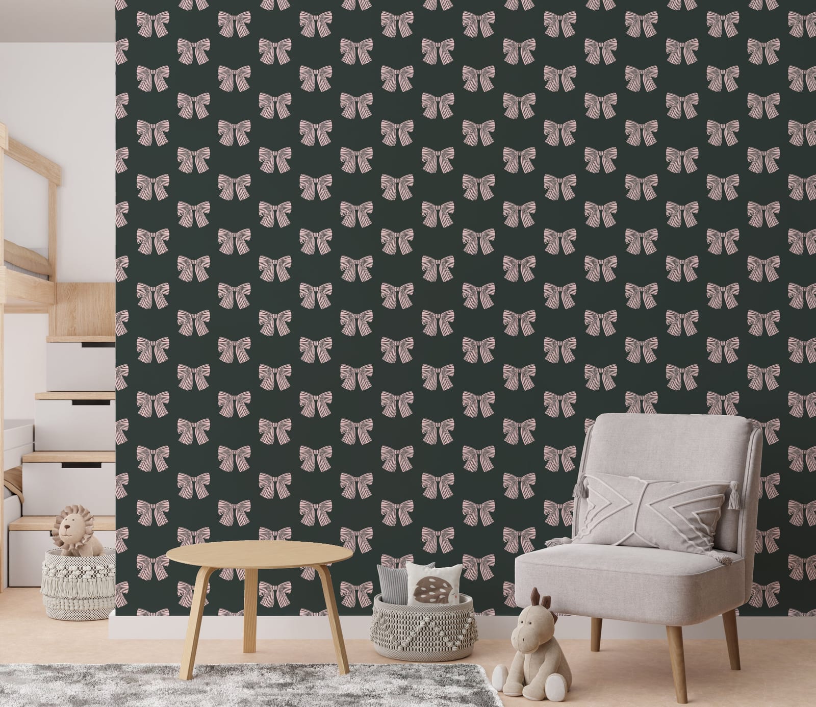Cute Pink Bow Pattern Wall Covering| Dark Green Peel and Stick Wallpaper