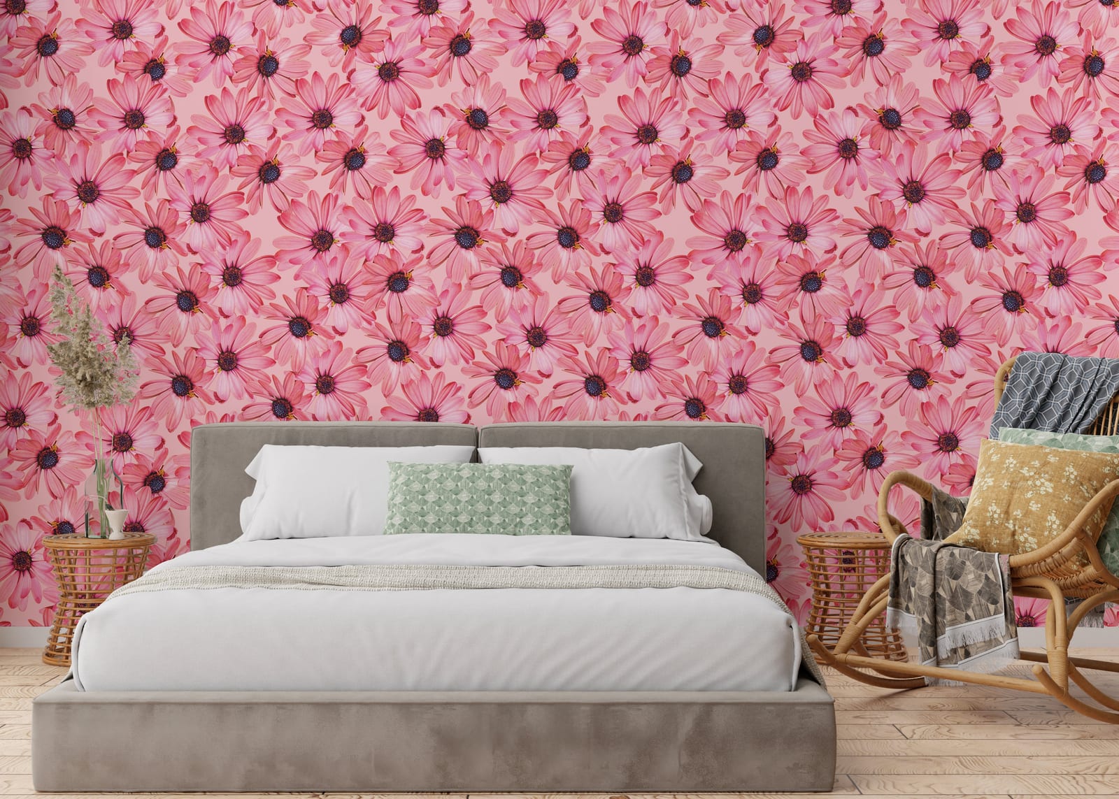 Pink Daisy Floral Repeat Pattern | Cottagecore Peel and Stick Wallpaper