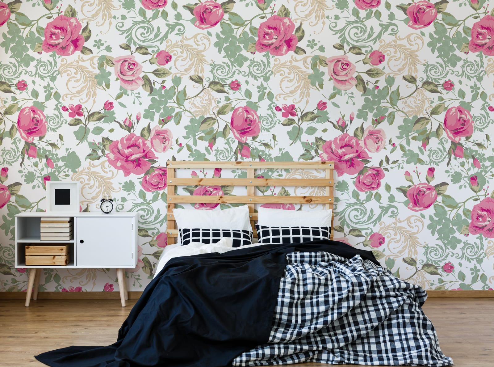 Blush pink rose removable wallpaper featuring soft vintage florals for cozy and romantic bedroom ambiance