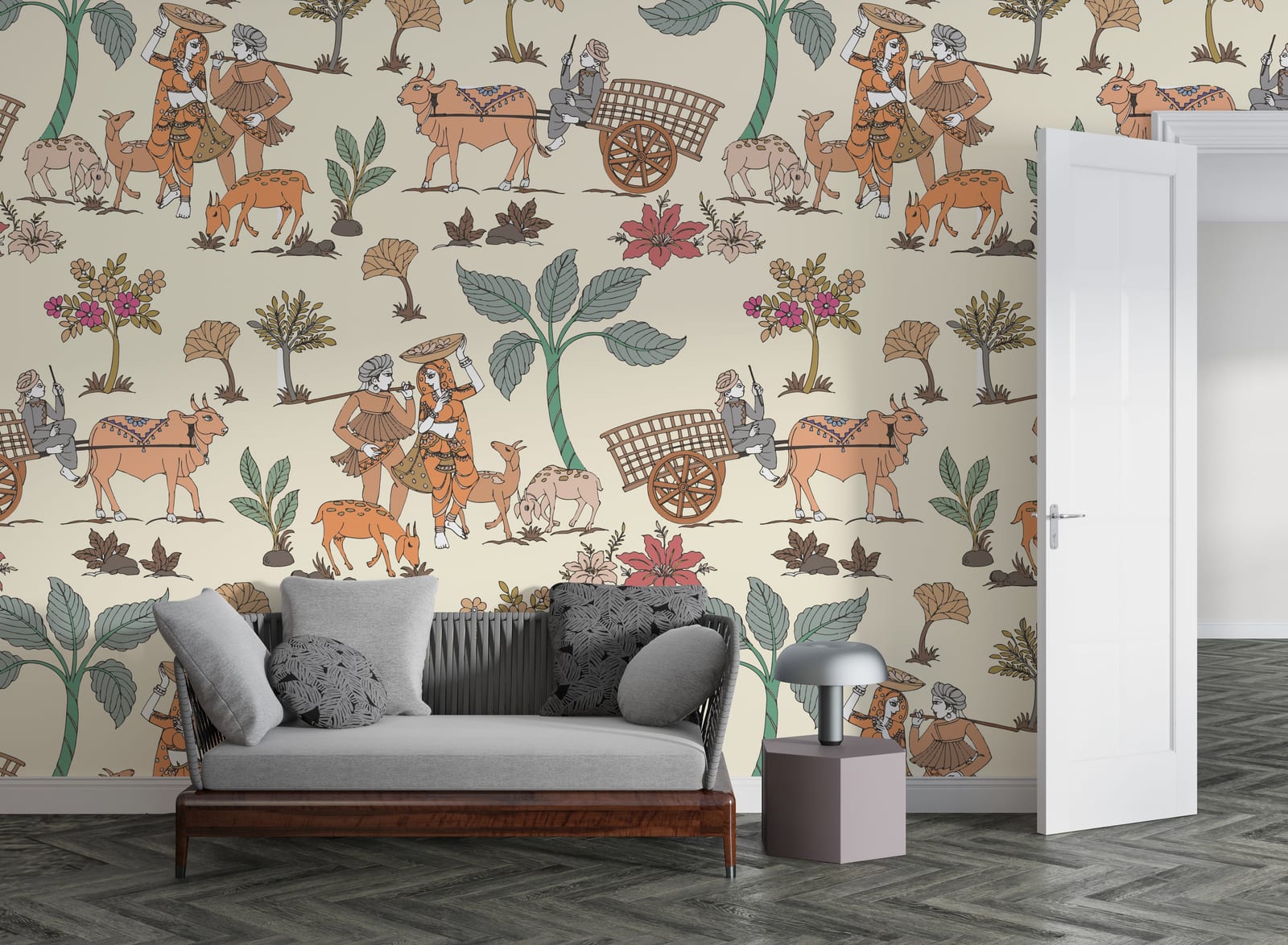 Indian folk art wallpaper with village scene, earthy tones for bedroom accent wall