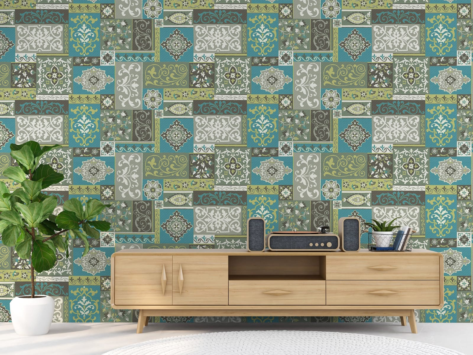 Boho tile wallpaper with teal olive patchwork design elevating modern living room decor