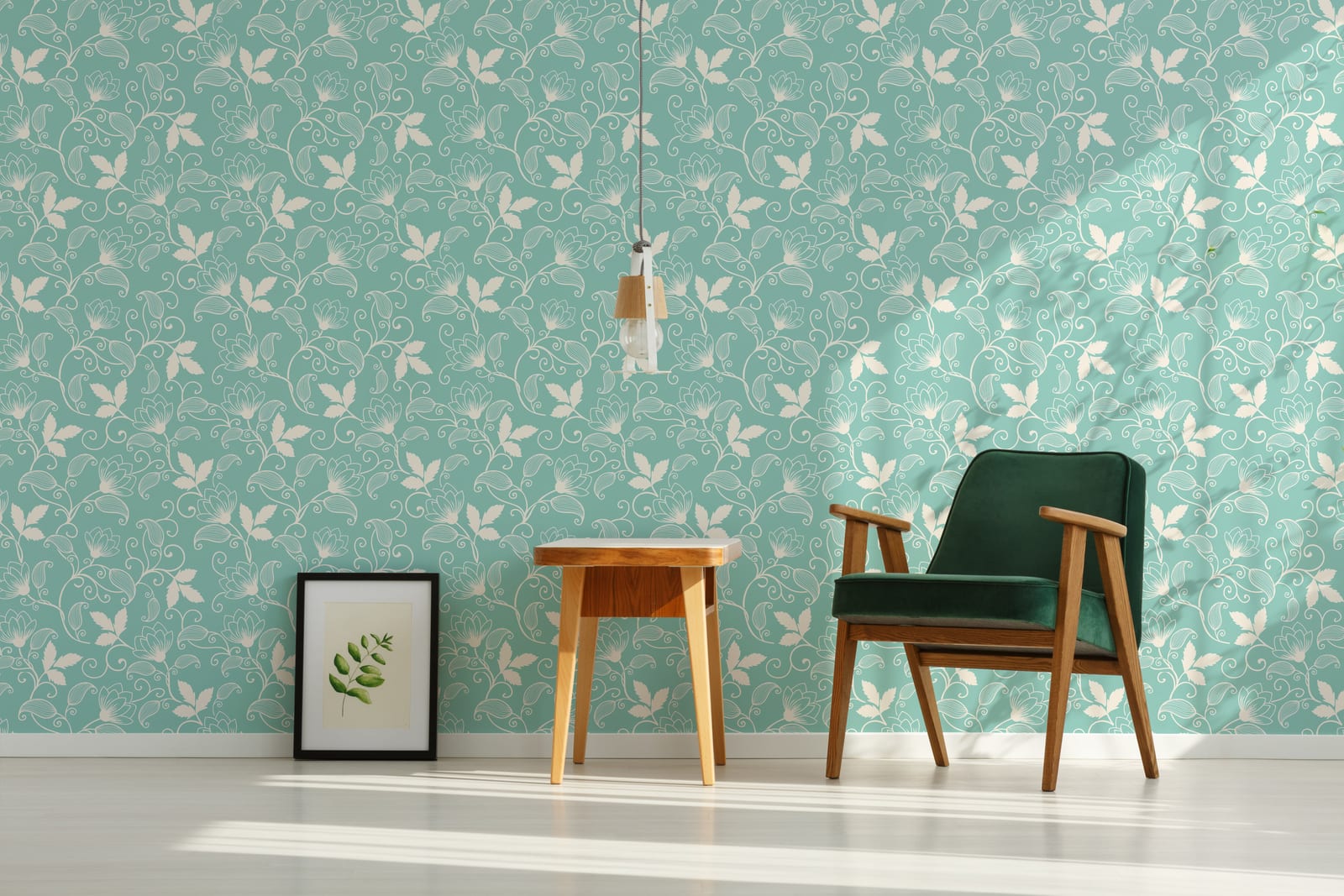 Teal Vintage Floral Leaf Mural | Botanical Art Peel and Stick Wallpaper